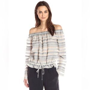 Theory Women’s Odettah Vall Striped Off Shoulder Blouse Top Long Sleeve Sheer S